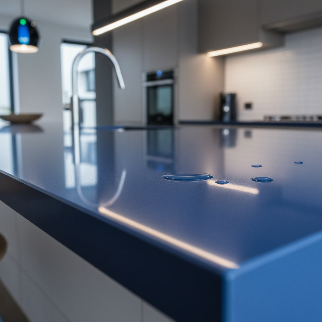 a close-up of a perfectly polished countertop in a modern kitchen, reflecting light. No streaks or smudges are visible.