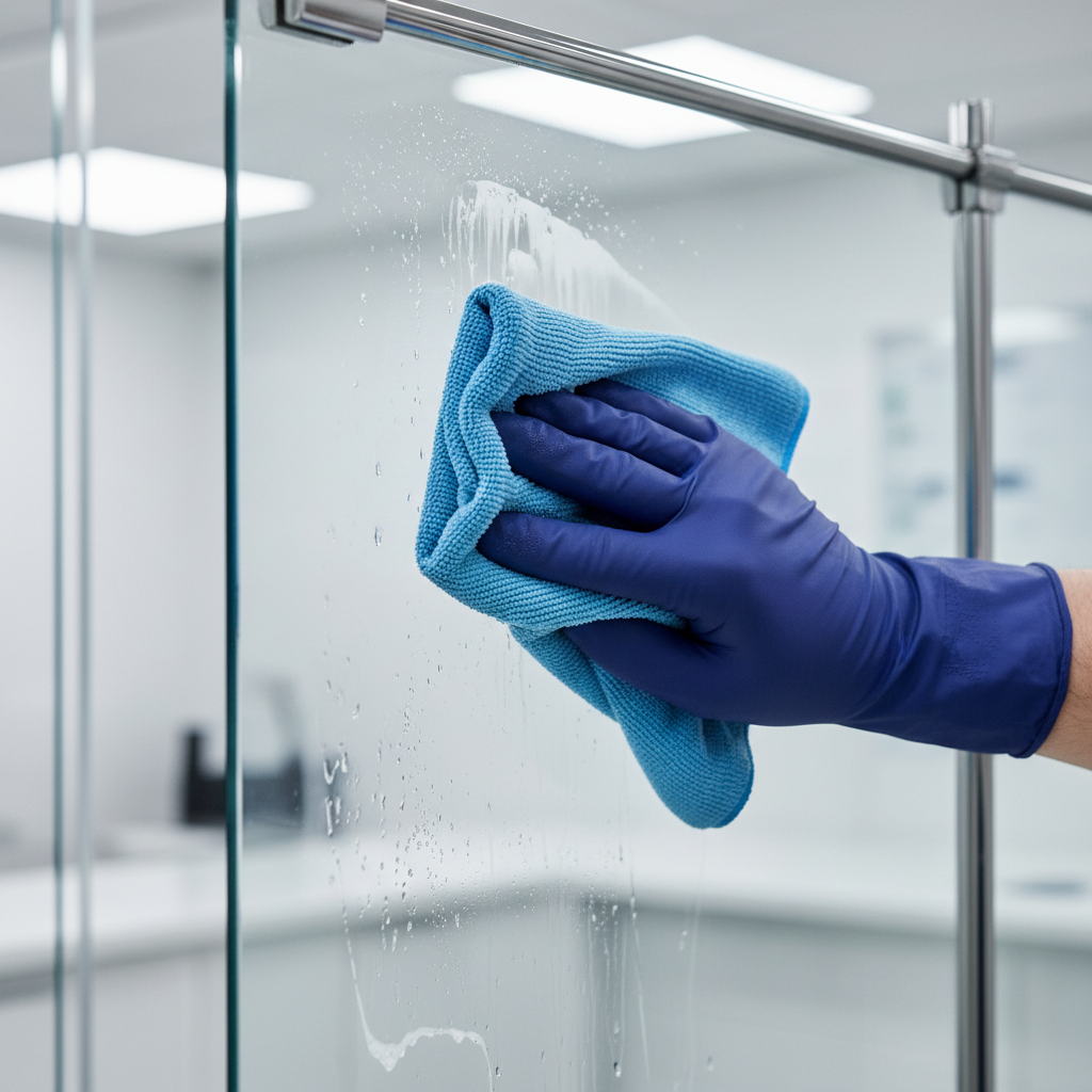a close-up of a pair of gloved hands cleaning a glass surface with a microfiber cloth, creating a streak-free shine.