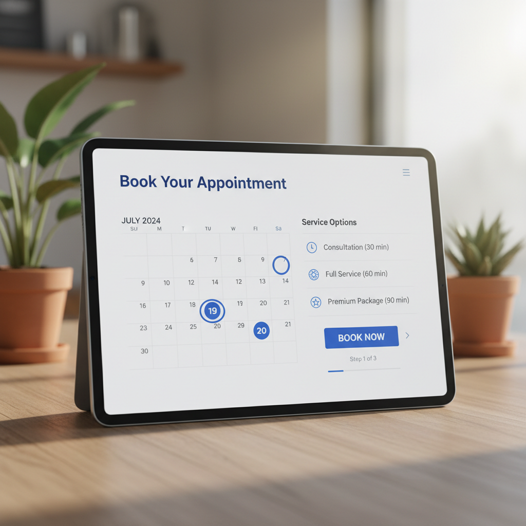 a simplified graphic representation of an online booking interface, showing calendar dates, service options, and a 