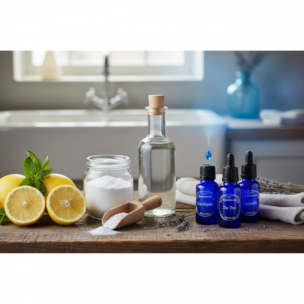 a collection of natural cleaning ingredients like lemons, baking soda, vinegar, and essential oil bottles arranged aesth