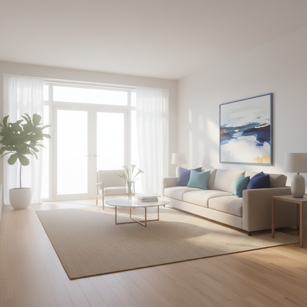 a bright, airy living room with large windows, sunlight streaming in, and a subtle cleanliness that suggests fresh air a