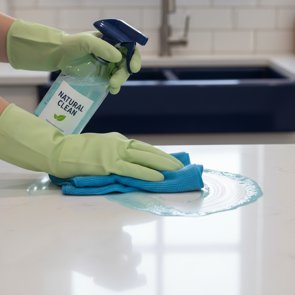 hands in eco-friendly gloves holding a spray bottle with a natural cleaning solution, wiping a gleaming surface with a m