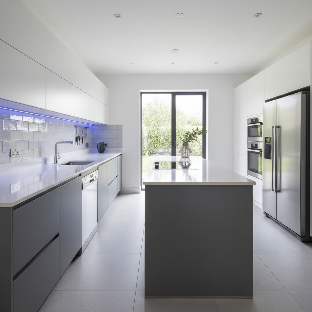 a spotless, modern kitchen with gleaming countertops and stainless steel appliances, hinting at a freshly cleaned enviro