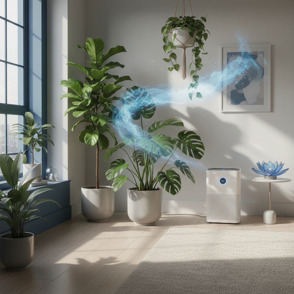 a person breathing deeply in a freshly cleaned, plant-filled indoor space, with a sense of calm and clarity