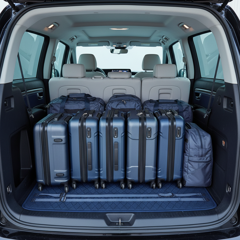interior of a spacious minivan or maxicab showing ample, dedicated luggage space in the rear, neatly arranged suitcases - traveling with luggage
