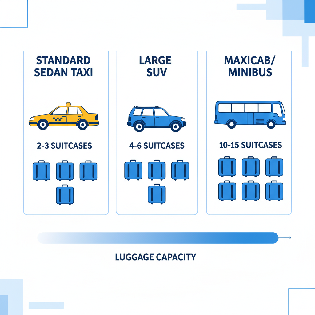a diagram or infographic illustrating the varying luggage capacities of different vehicle types: standard sedan taxi, la - traveling with luggage