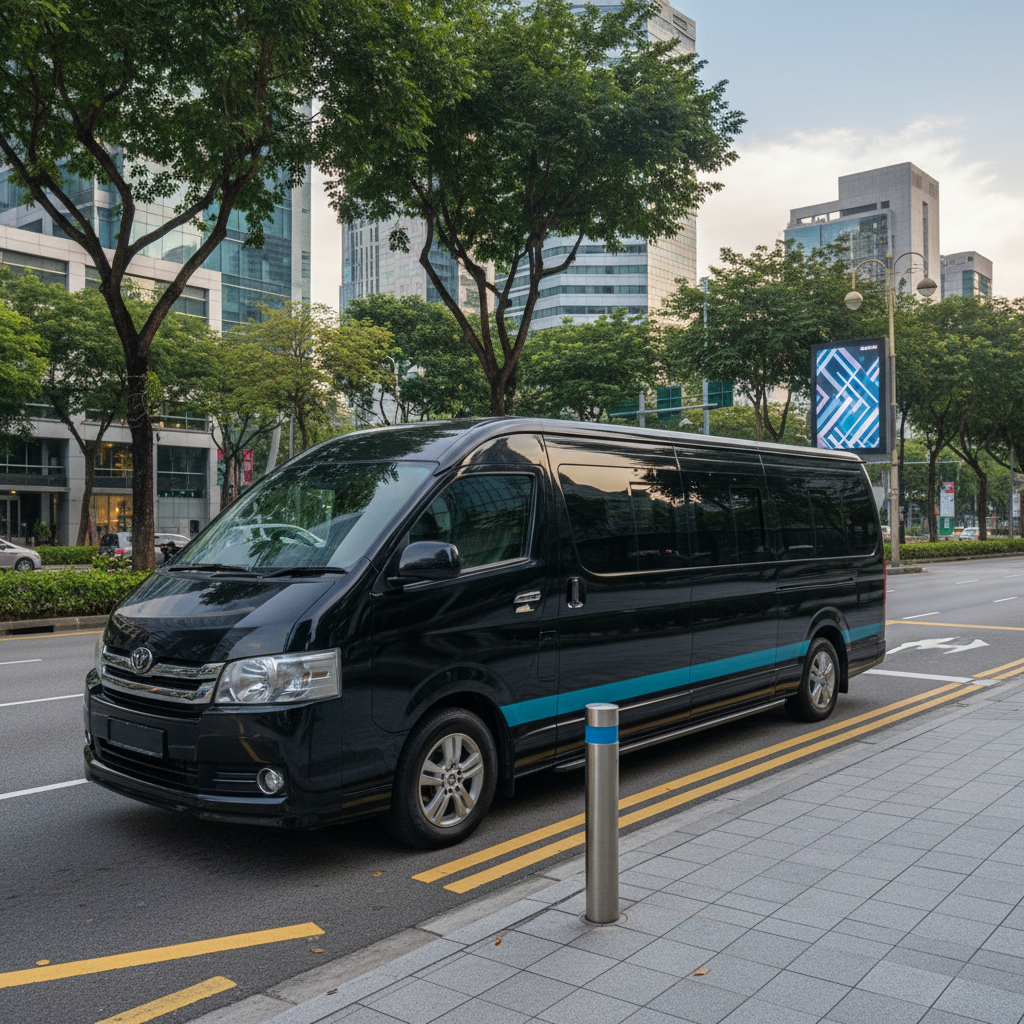 an SG Maxi Limo maxicab exterior, clean and modern, parked at the curb of a Singapore street, showing its large size and - traveling with luggage