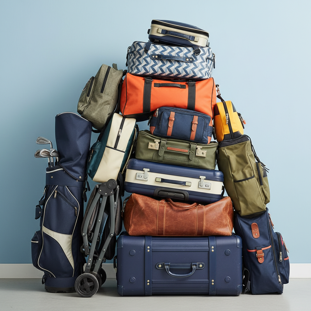 a pile of diverse luggage items – suitcases, duffel bags, a golf club bag, a stroller – neatly stacked, illustrating var - traveling with luggage