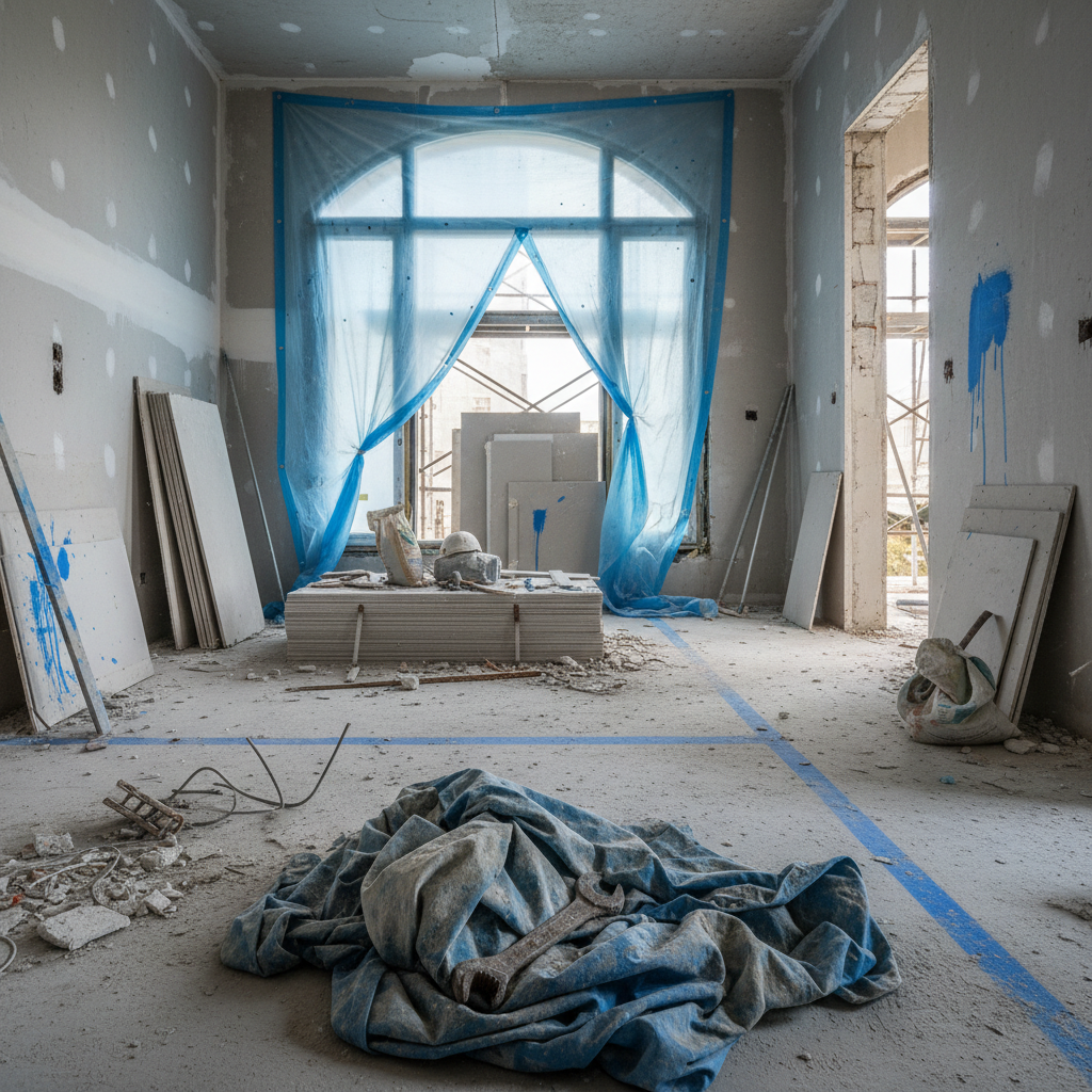 construction site aftermath with fine dust covering surfaces, protective plastic sheeting partially removed, and small d