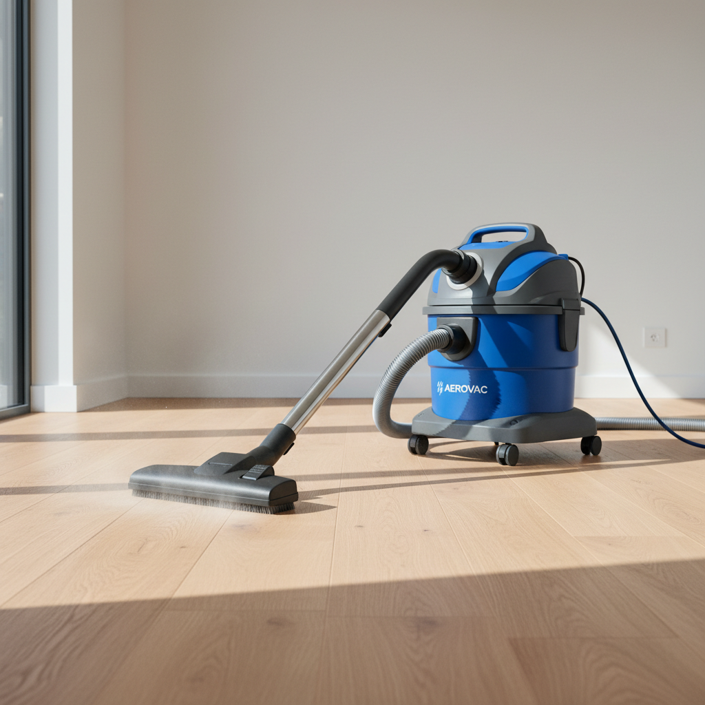 a cleaning professional using a specialized HEPA-filter vacuum cleaner to remove fine dust from a newly installed wooden