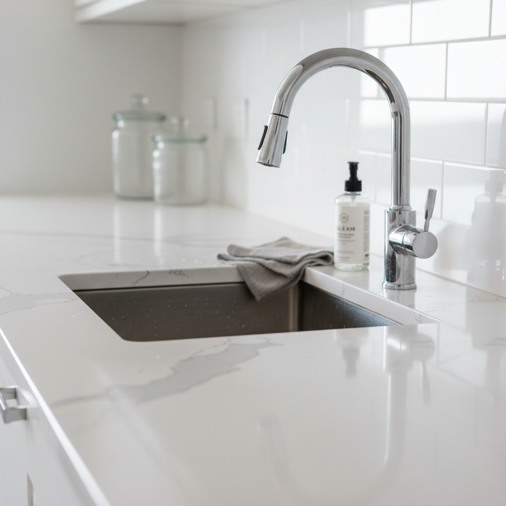 a close-up of a perfectly clean kitchen countertop reflecting light, with sparkling faucet and spotless sink, demonstrat