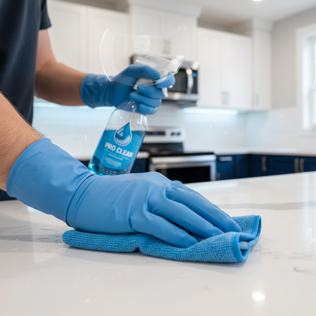 a professional cleaning team member in a uniform, wearing gloves and safety goggles, meticulously cleaning a newly renov