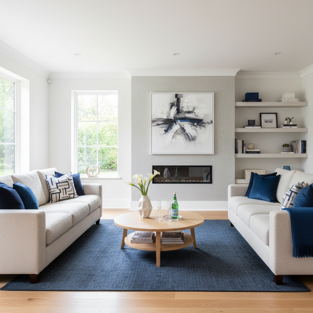 a family smiling happily in their sparkling clean and newly renovated living room, a sense of relief and satisfaction vi