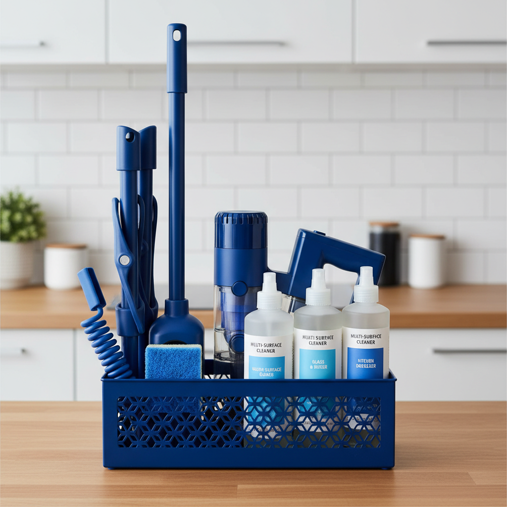 A set of compact, neatly organized cleaning supplies for a small apartment, including a foldable mop, a small hand vacuu