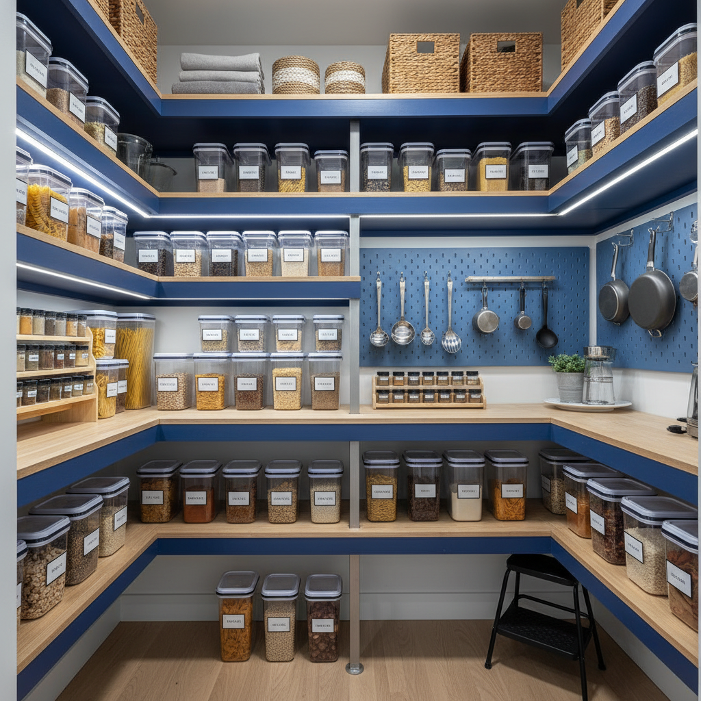 A neatly organized kitchen pantry in a small condo, featuring clear containers, labeled shelves, and efficient use of ve