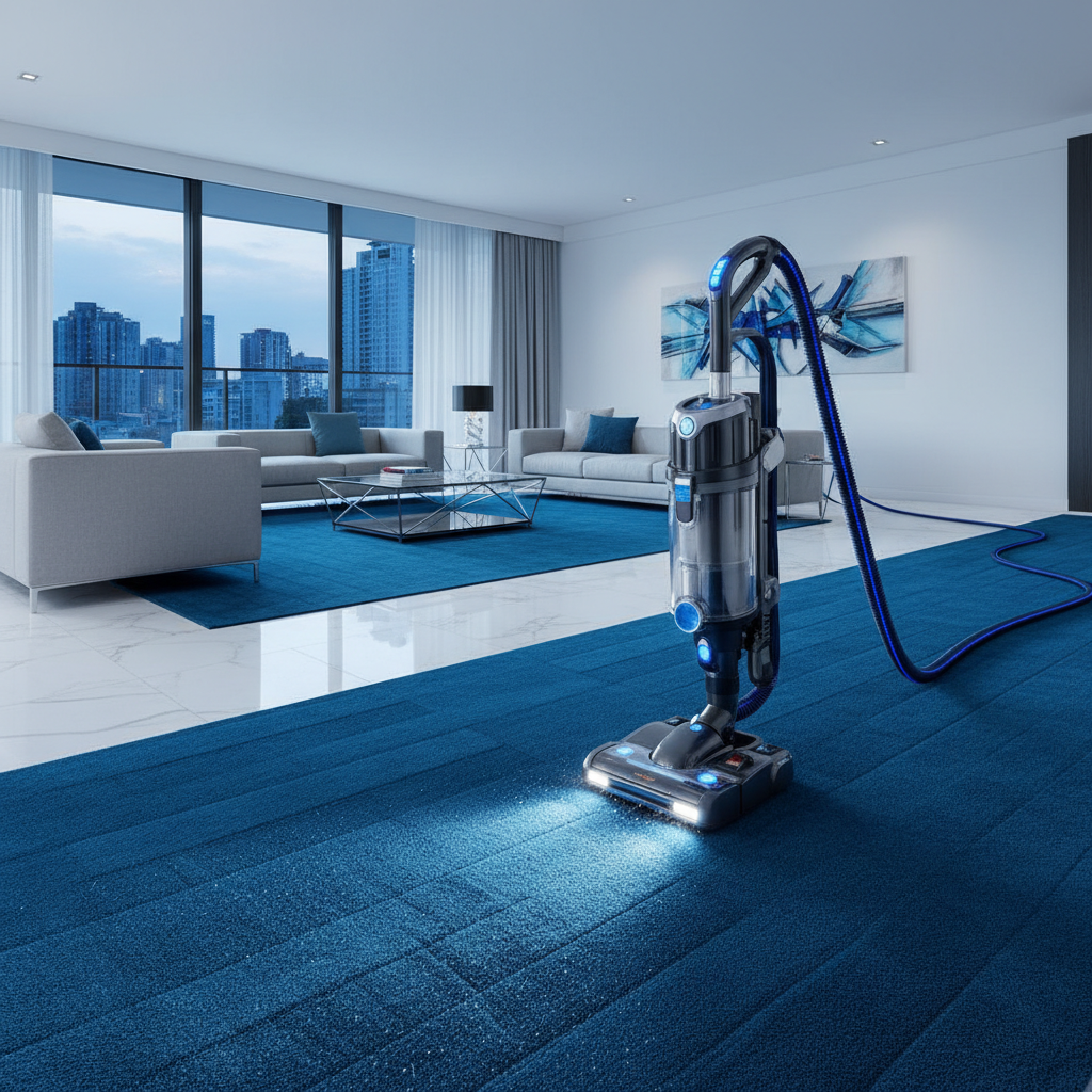 A professional cleaner using a specialized vacuum cleaner on a plush carpet in a clean, contemporary condo living room. 