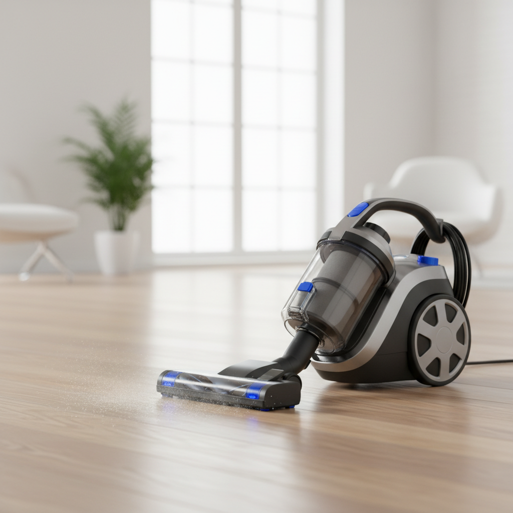 a high-efficiency particulate air (HEPA) filter vacuum cleaner in action on a wooden floor, with a blurred background of