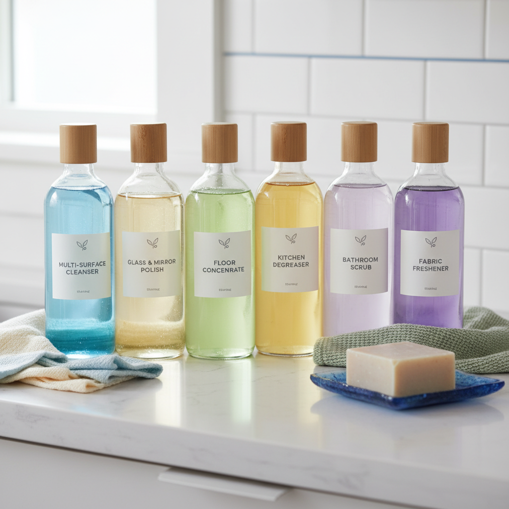 a selection of neatly arranged, professional-grade, eco-friendly cleaning products in clear bottles with subtle labels, 
