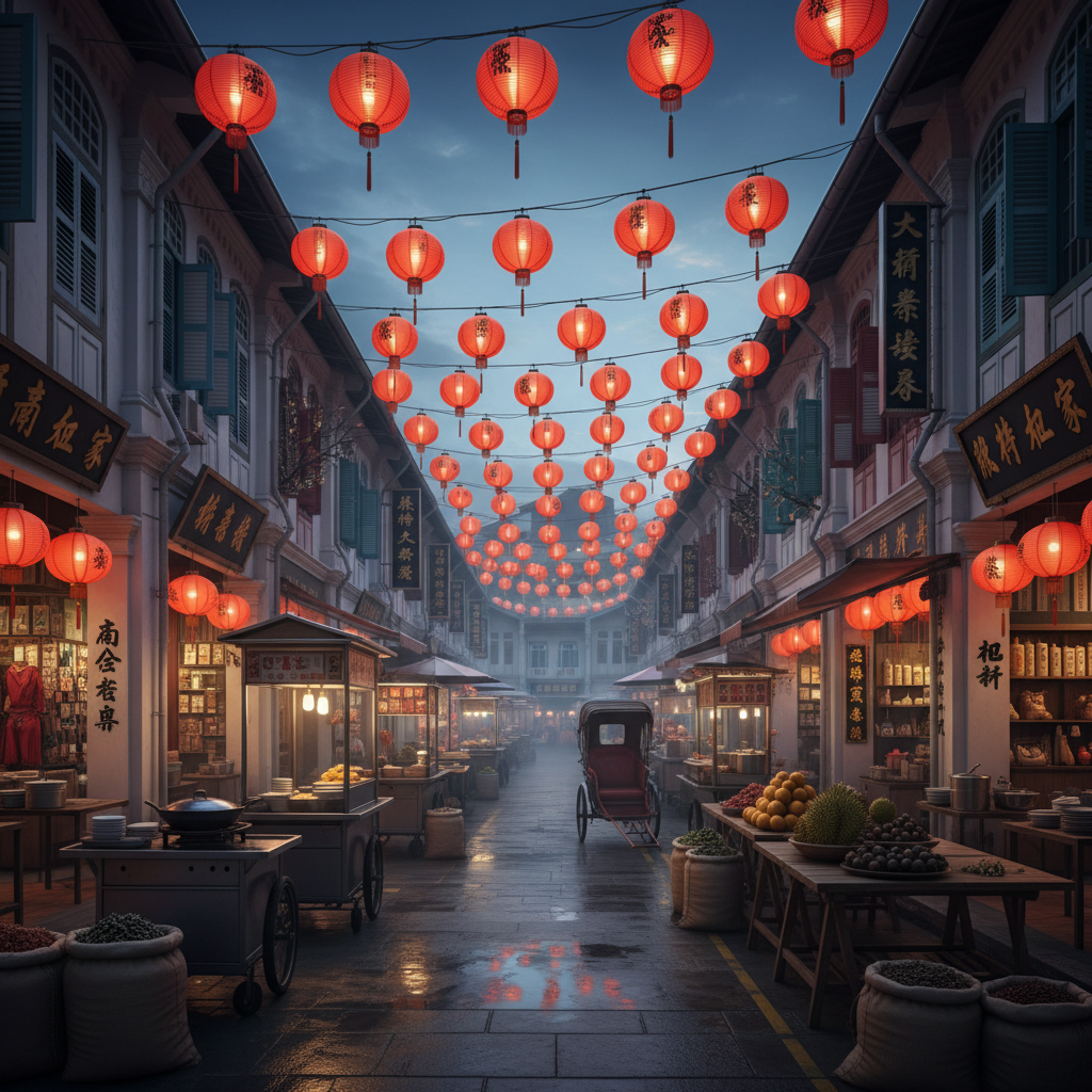 The bustling street market of Singapore's Chinatown at dusk, with traditional red lanterns illuminating restored shophou - Singapore cultural hotspots