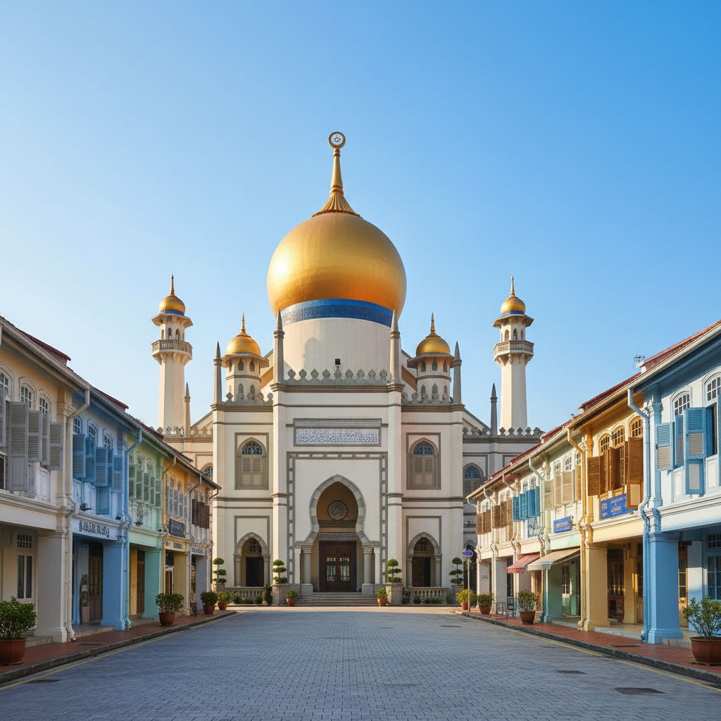 The grand Sultan Mosque in Kampong Glam, Singapore, with its golden domes reflecting the sunlight, surrounded by charmin - Singapore cultural hotspots