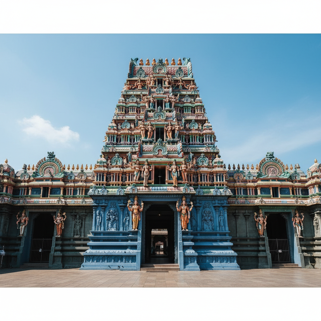 The ornate facade of the Sri Mariamman Temple in Singapore, featuring detailed sculptures and vibrant colors under a cle - Singapore cultural hotspots