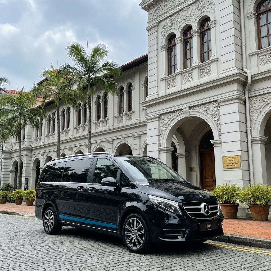 A sleek, dark maxicab parked outside a historic building in Singapore, ready for a cultural tour. - Singapore cultural hotspots