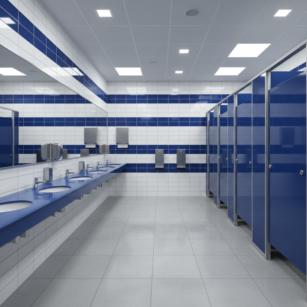 a clean, disinfected restroom in a commercial building with shining fixtures and tiled walls