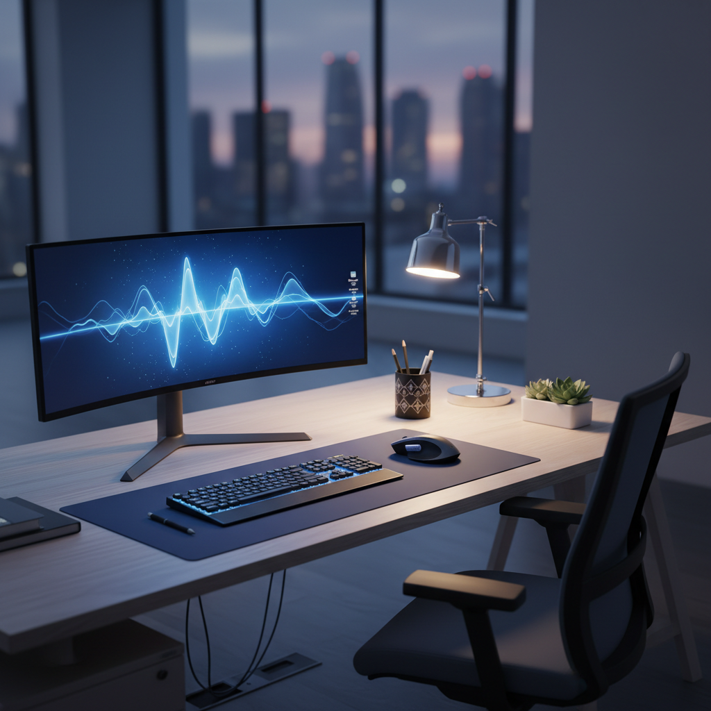 a focused office worker at a clean desk with modern computer equipment, no other people