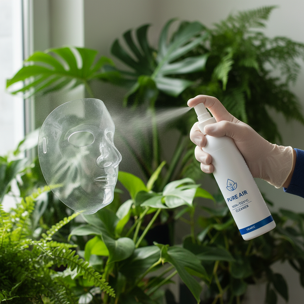 a person with a transparent mask over their nose and mouth, holding a bottle of cleaning spray, with green leafy plants