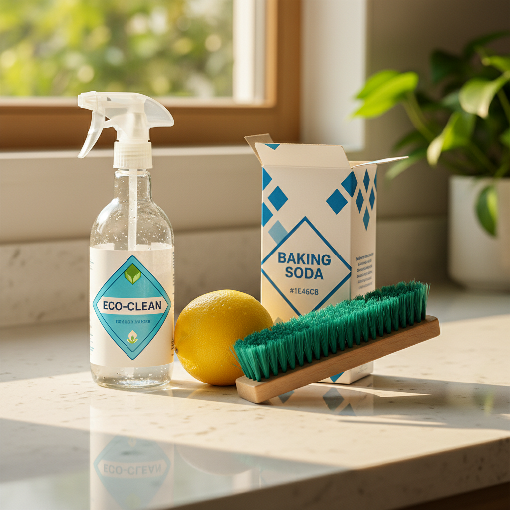 a close-up of a kitchen counter with a spray bottle of eco-friendly cleaner, a lemon, baking soda box, and a green scrub