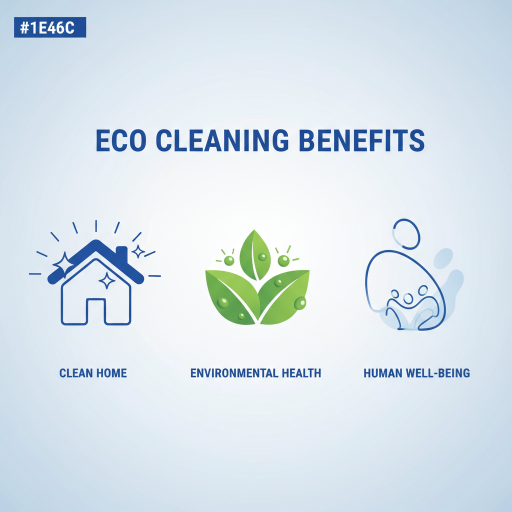 a stylized infographic illustrating three key benefits of eco cleaning: a sparkling clean home, happy green leaves repre