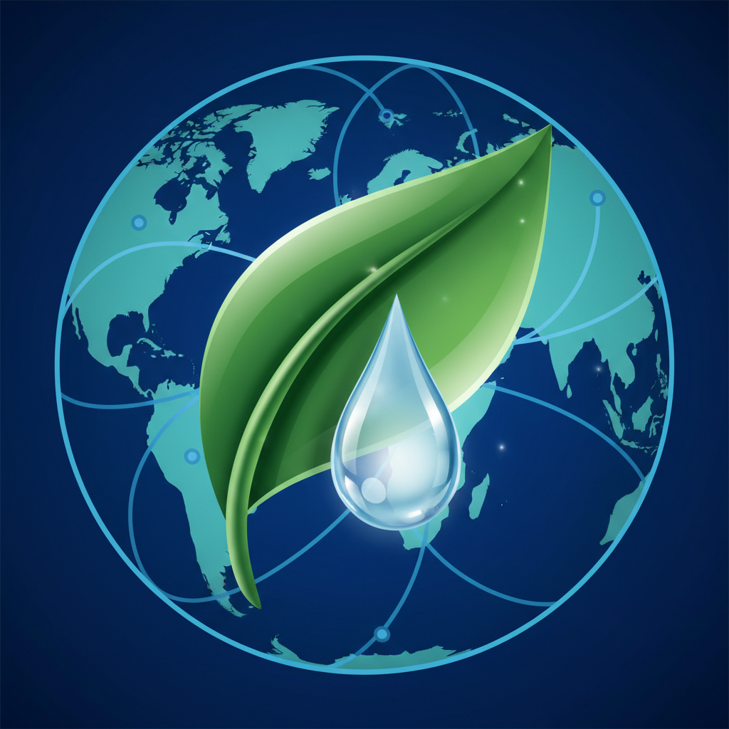 an abstract representation of environmental protection with a stylized green leaf surrounding a drop of clear water, set