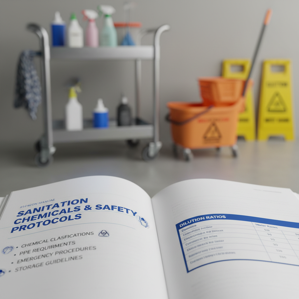 a close-up of a training manual open to a page discussing sanitation chemicals and safety protocols, with a blurred back