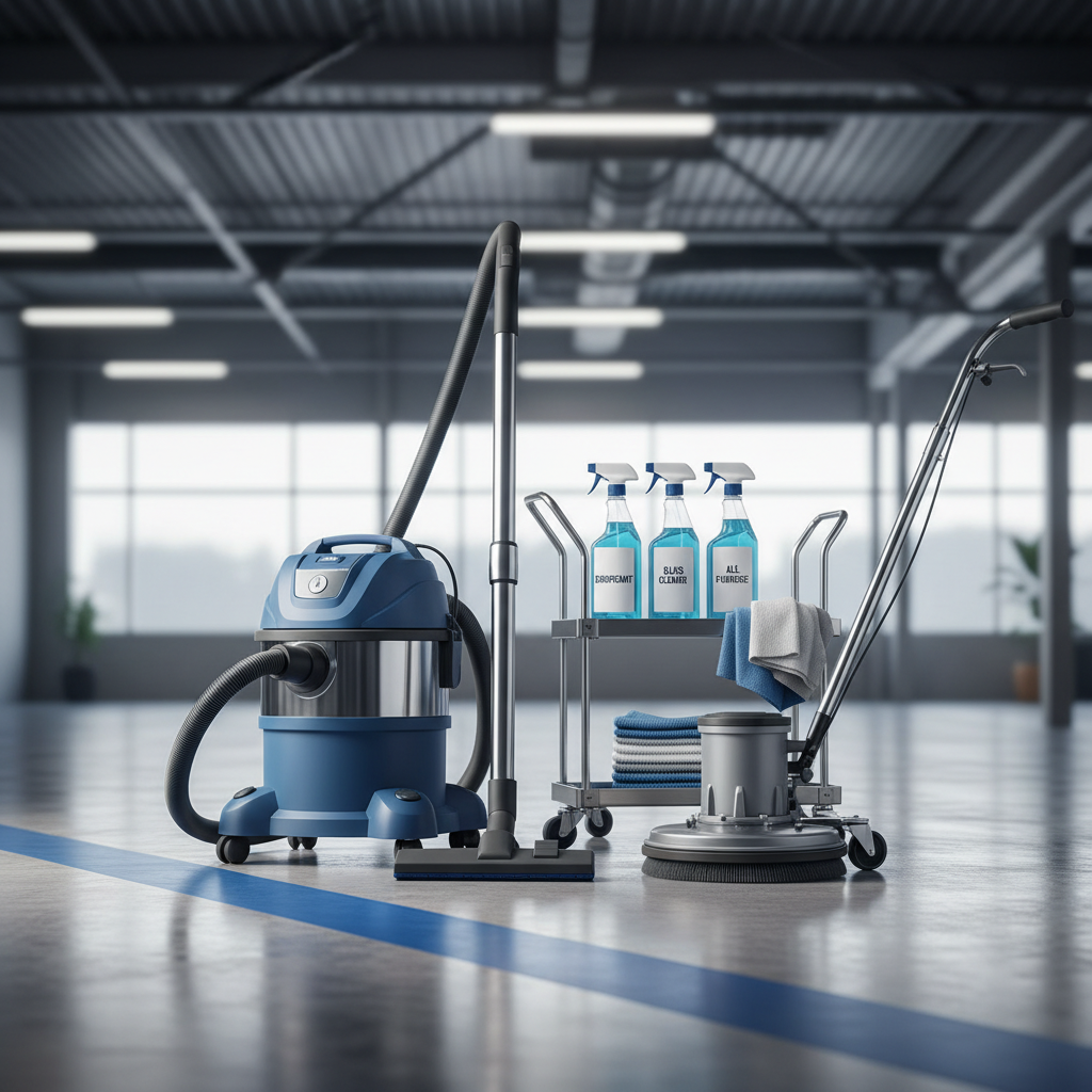 a collection of professional-grade cleaning tools neatly arranged, including a commercial vacuum cleaner, a floor polish