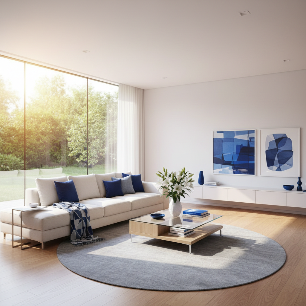 a bright, modern living room after a professional cleaning, with sunlight streaming through sparkling windows, creating 