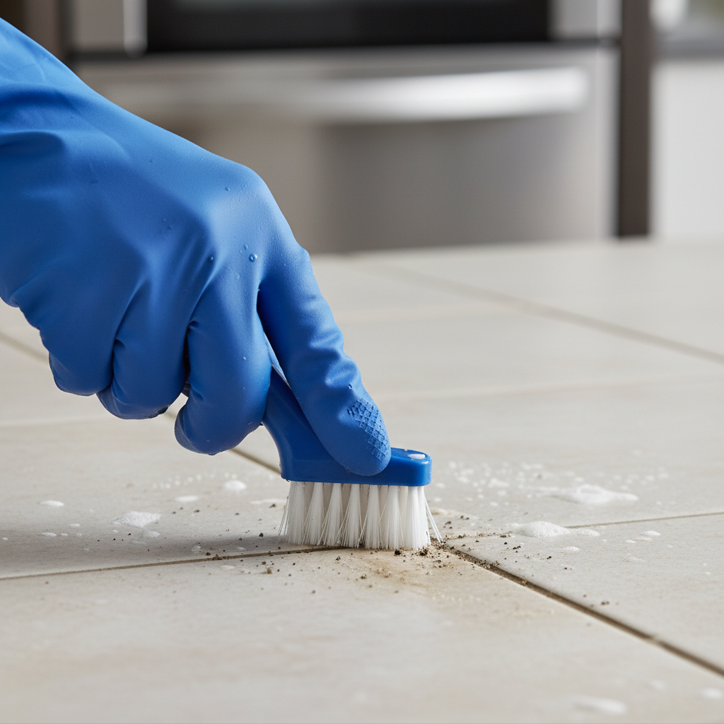 a detail shot of a hand in a rubber glove using a specialized cleaning tool to meticulously remove grime from a kitchen 