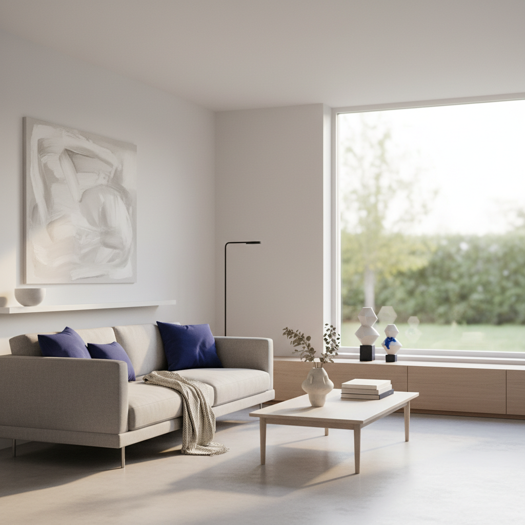 A minimalist living room with clean surfaces, a few carefully chosen decorative items, and ample natural light, conveyin