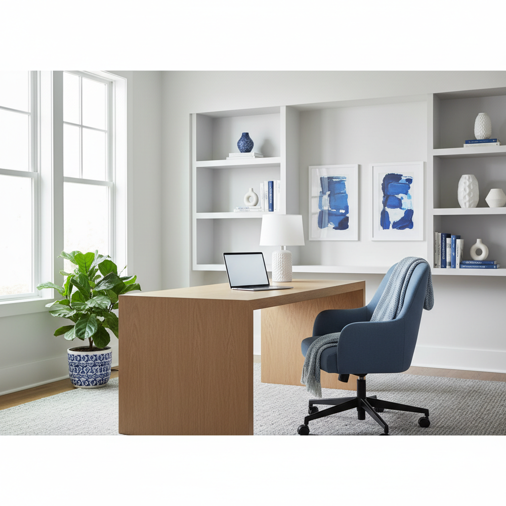 A brightly lit, organised home office space with minimal distractions, a plant, and a comfortable chair, showcasing a pr