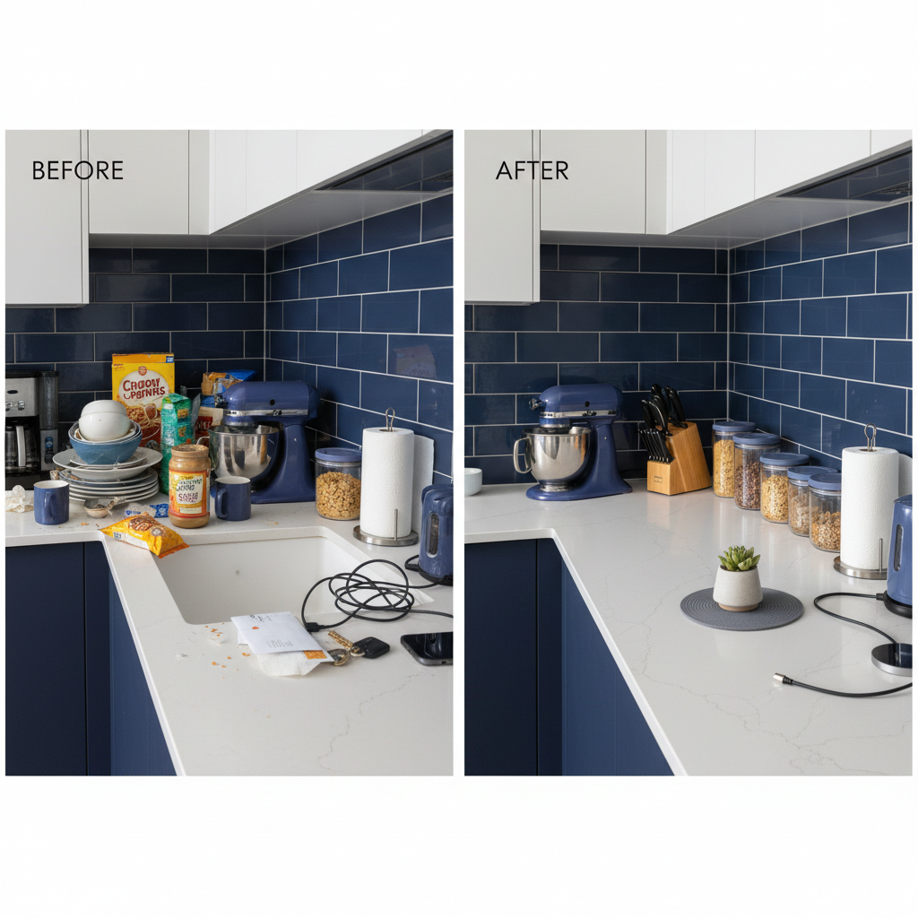A before-and-after split image showing a cluttered kitchen counter on one side and the same counter completely clear and