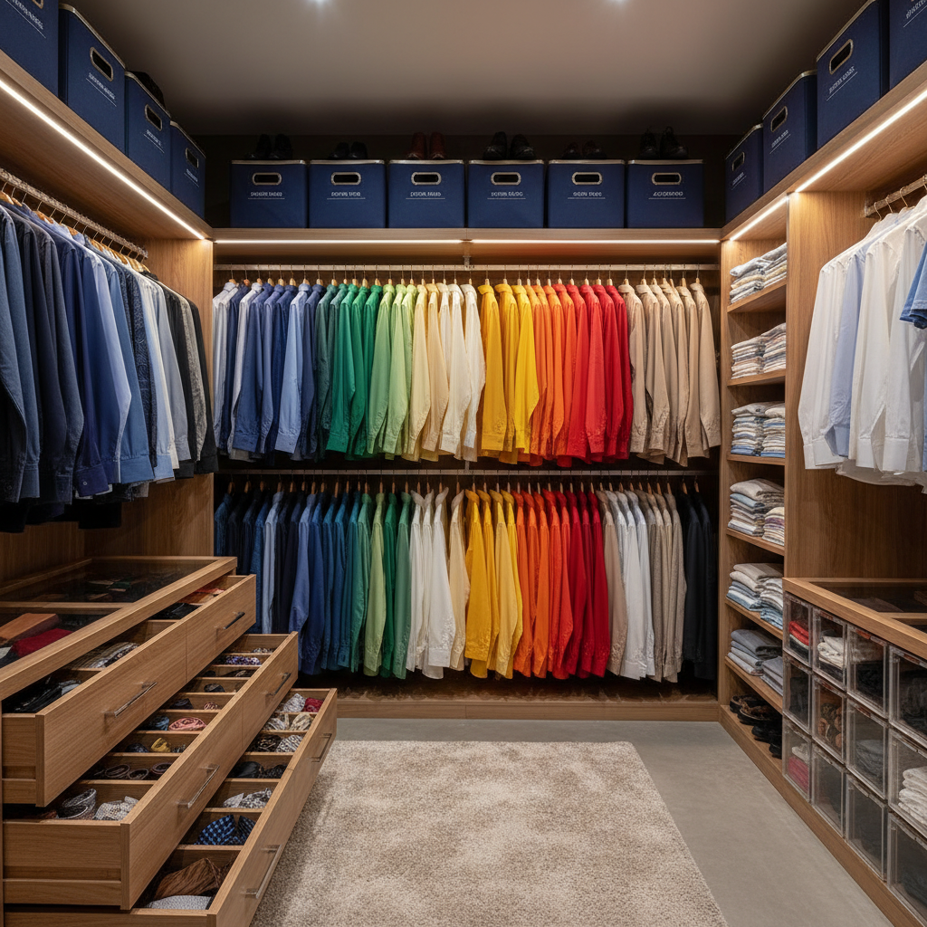 An impeccably organised wardrobe with colour-coded clothing, accessories neatly arranged in drawers, and functional stor