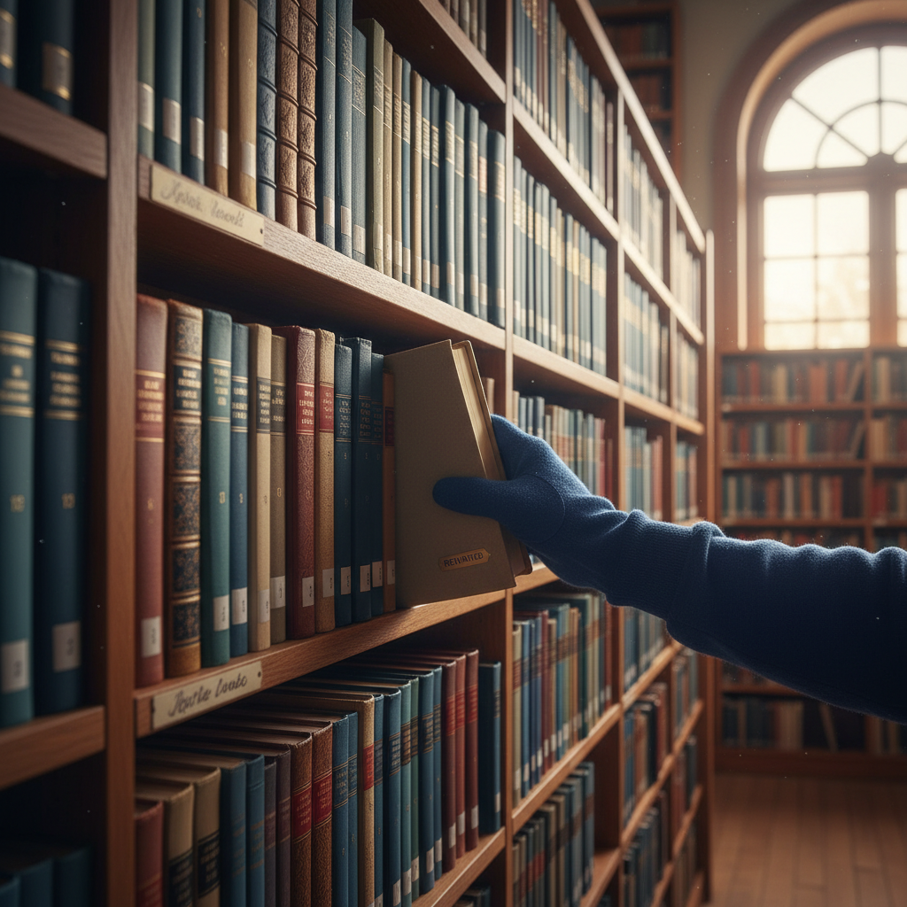A hand placing a book neatly back on a shelf in a well-organised home library, illustrating the act of maintaining order
