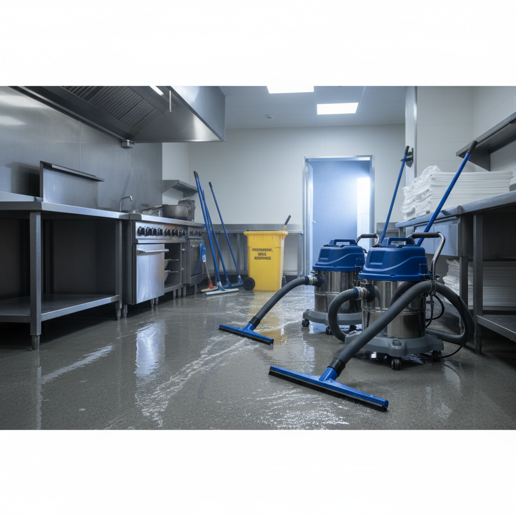 a specialized cleaning crew in protective gear using industrial wet vacuums to extract water from a flooded commercial k