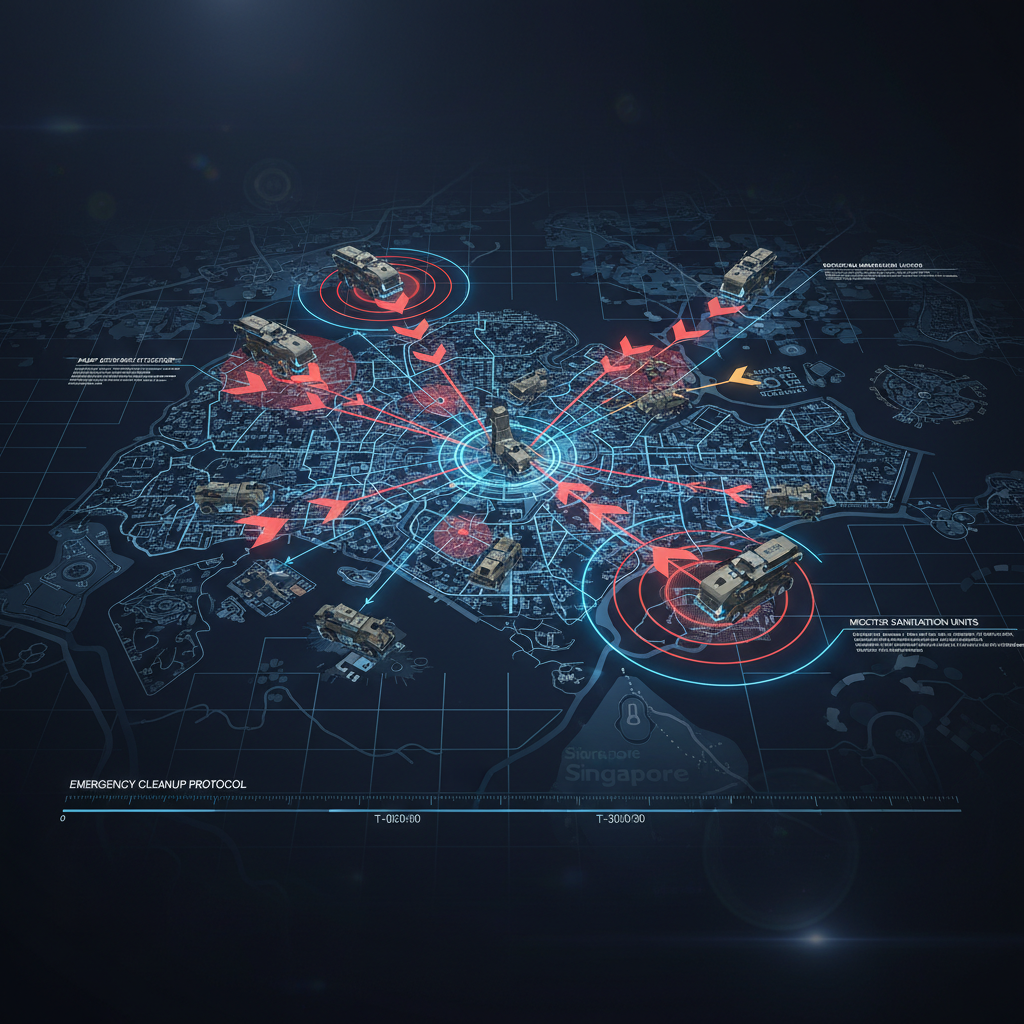 a detailed schematic showing the coordinated movement of emergency cleaning teams across a map of Singapore, illustratin
