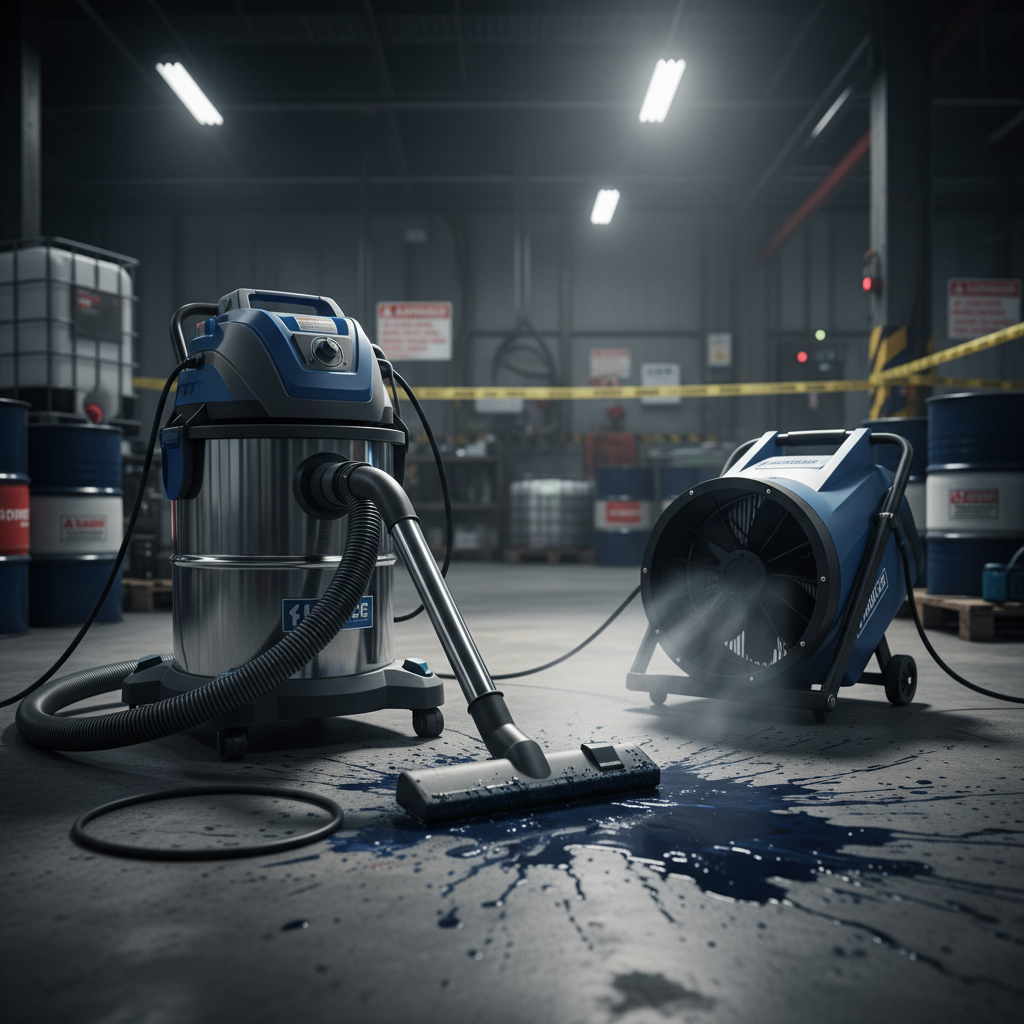 a close-up of advanced cleaning machinery, including a powerful commercial-grade wet vacuum and a large air mover, used 