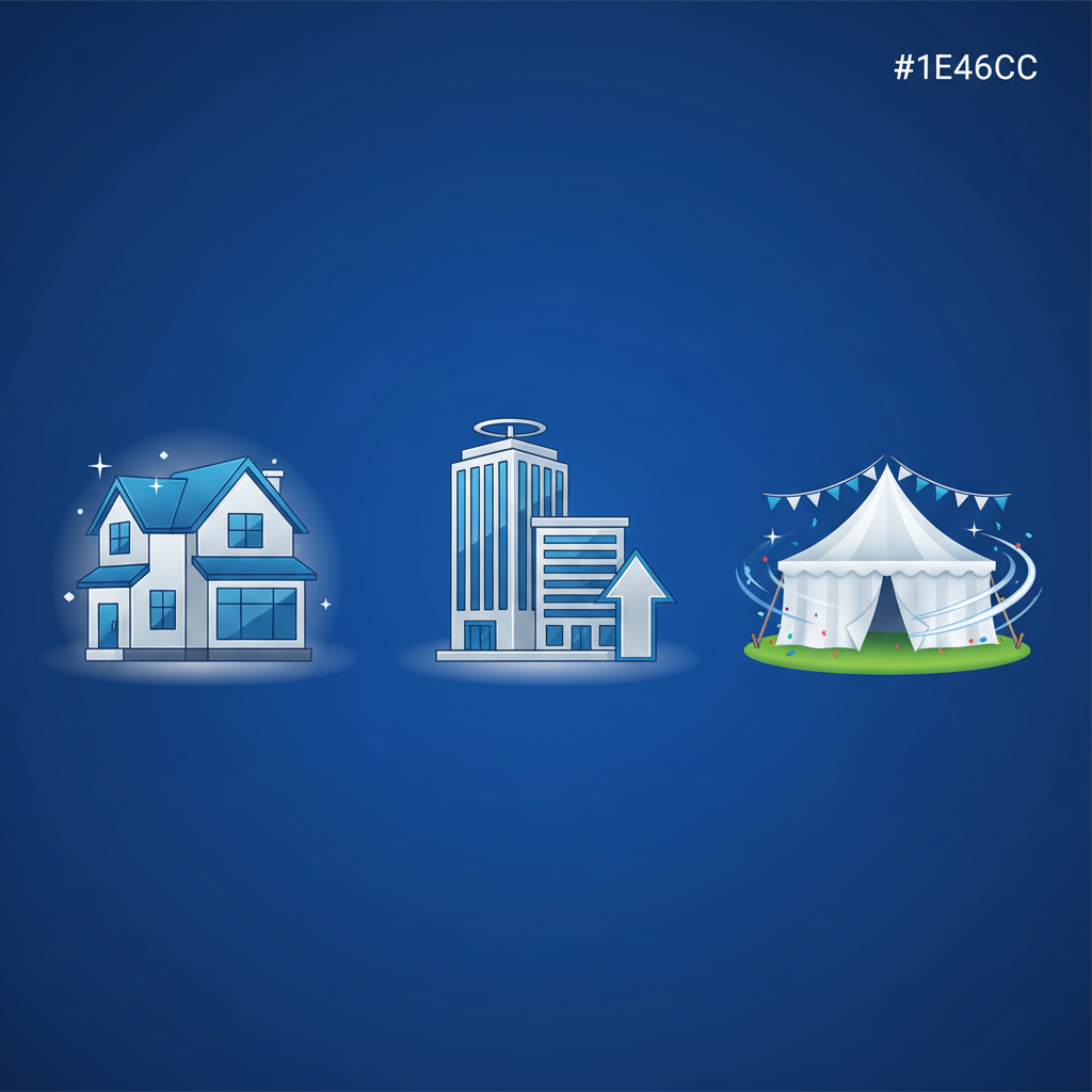 a diverse set of icons depicting a house, a corporate building, and a party tent, visually representing the wide range o