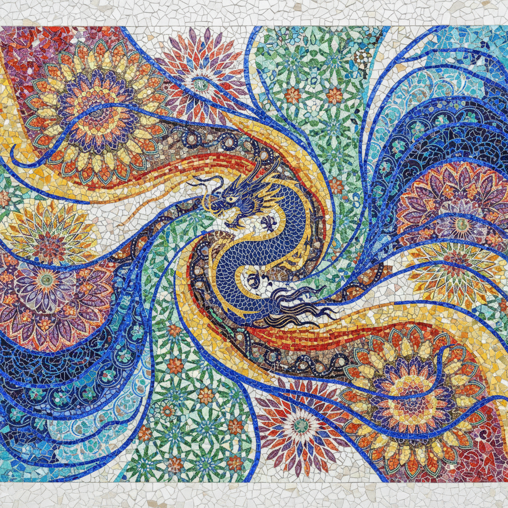 a vibrant, abstract mosaic pattern incorporating elements from Chinese, Malay, and Indian cultures, symbolizing Singapor - Business Etiquette in Singapore