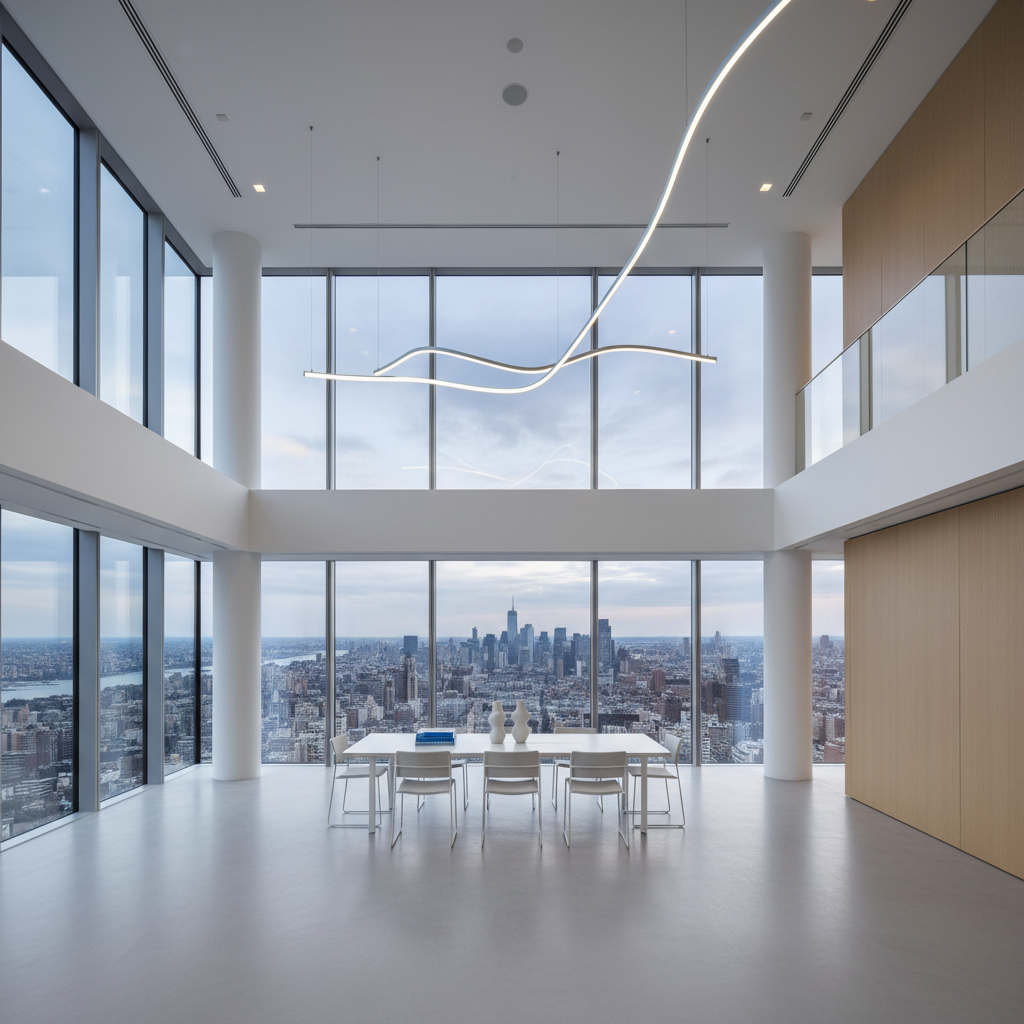 a minimalist, high-ceiling modern office interior with large windows overlooking a city skyline, bathed in soft, profess - Business Etiquette in Singapore