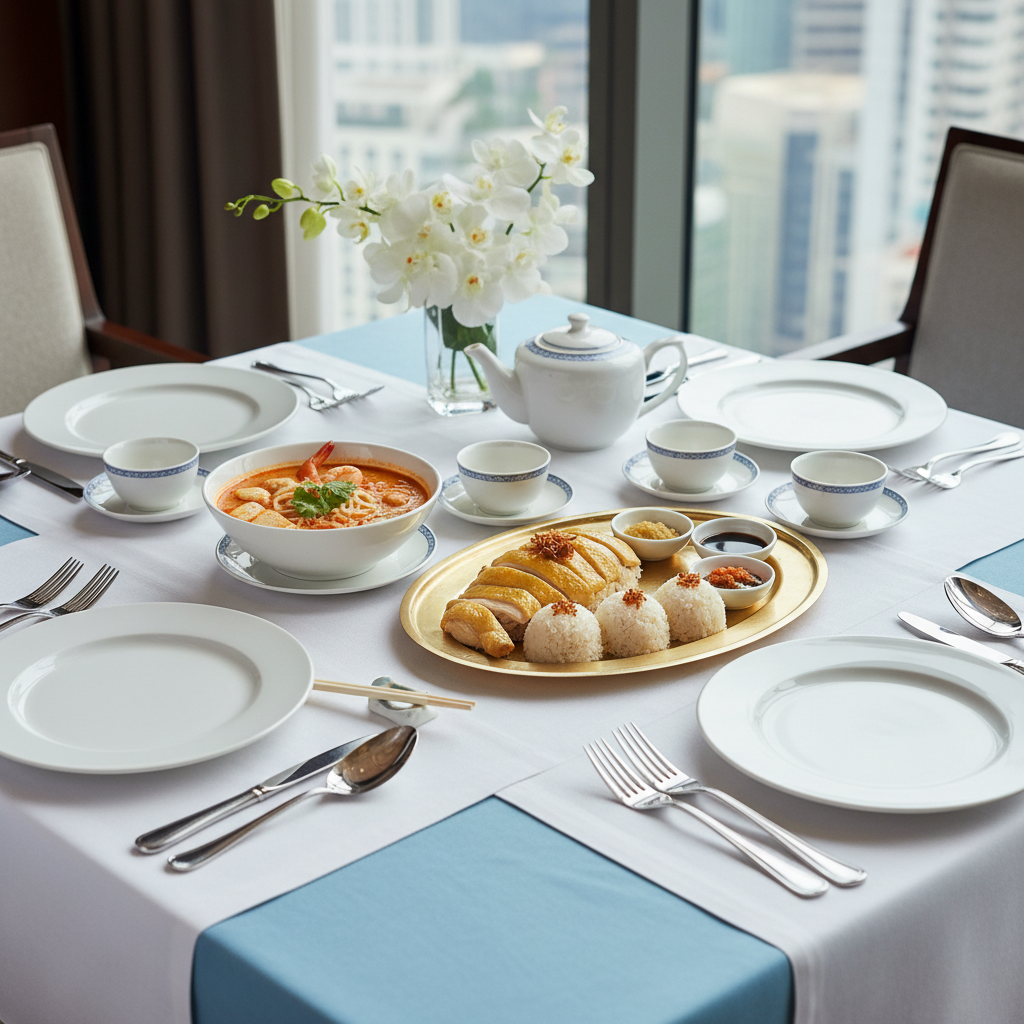 a beautifully presented Singaporean business lunch setting, featuring local dishes like Hainanese chicken rice or laksa - Business Etiquette in Singapore