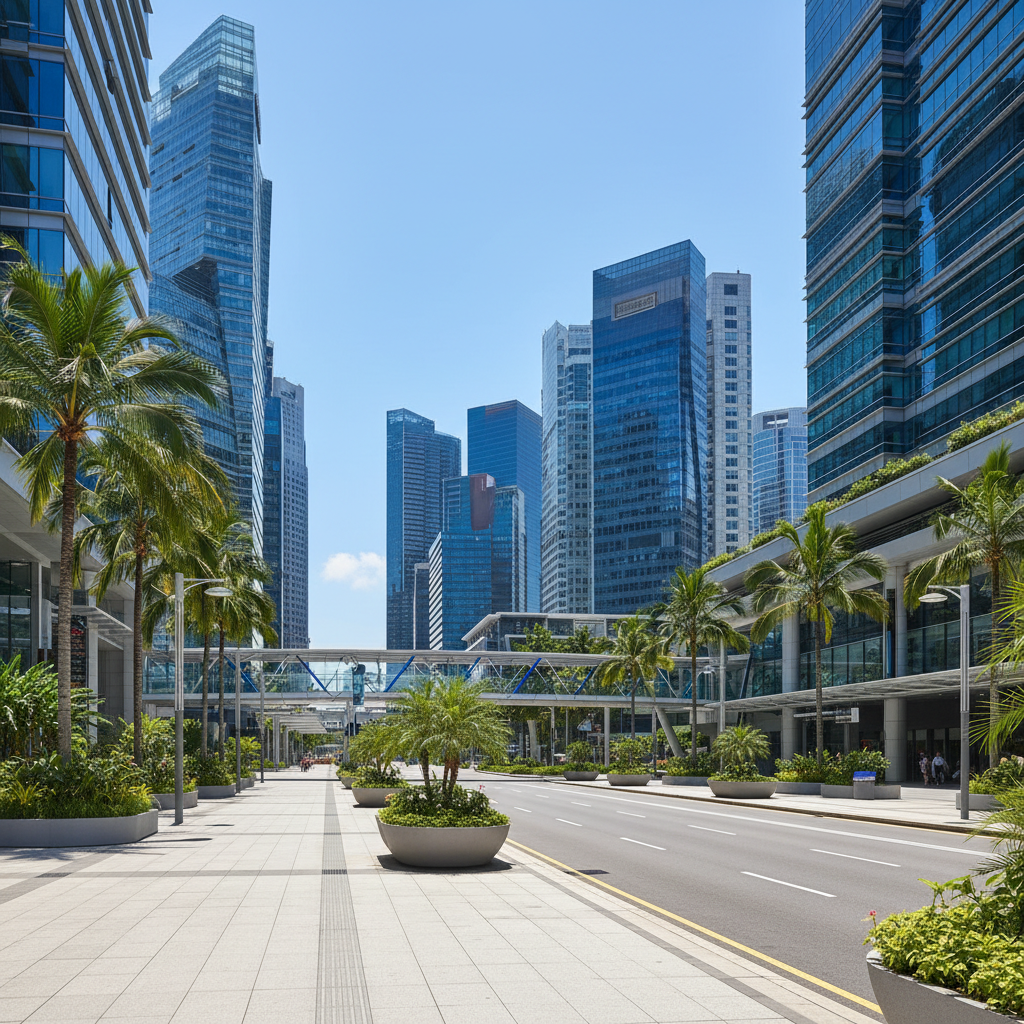 a clean, modern cityscape street scene in Singapore, with well-maintained sidewalks, lush greenery, and contemporary arc - Business Etiquette in Singapore