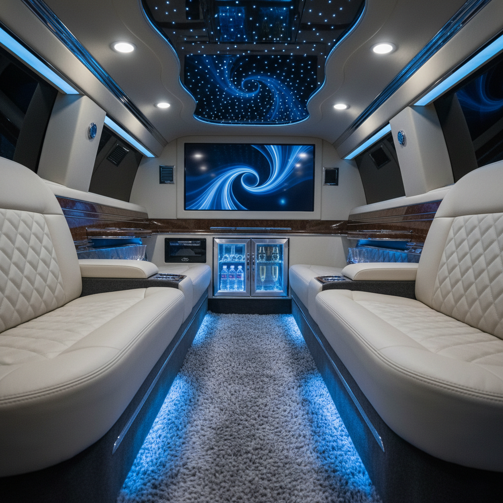 the luxurious interior of a modern limousine, featuring comfortable leather seats, ambient lighting, and subtle, high-en - Business Etiquette in Singapore